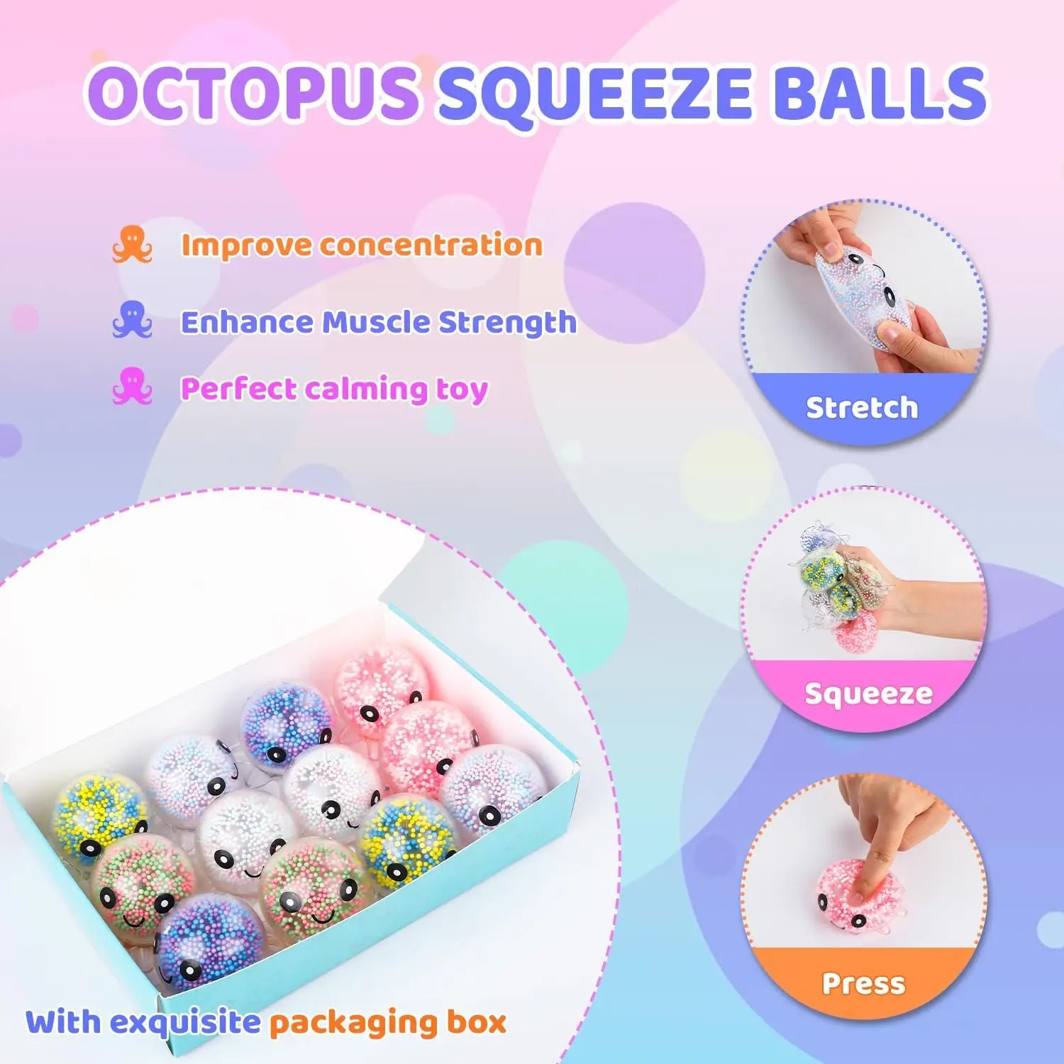 HUGSUR Octopus Bubble Pop Squish — 12-Pack Sensory Stress Balls for Adults & Kids