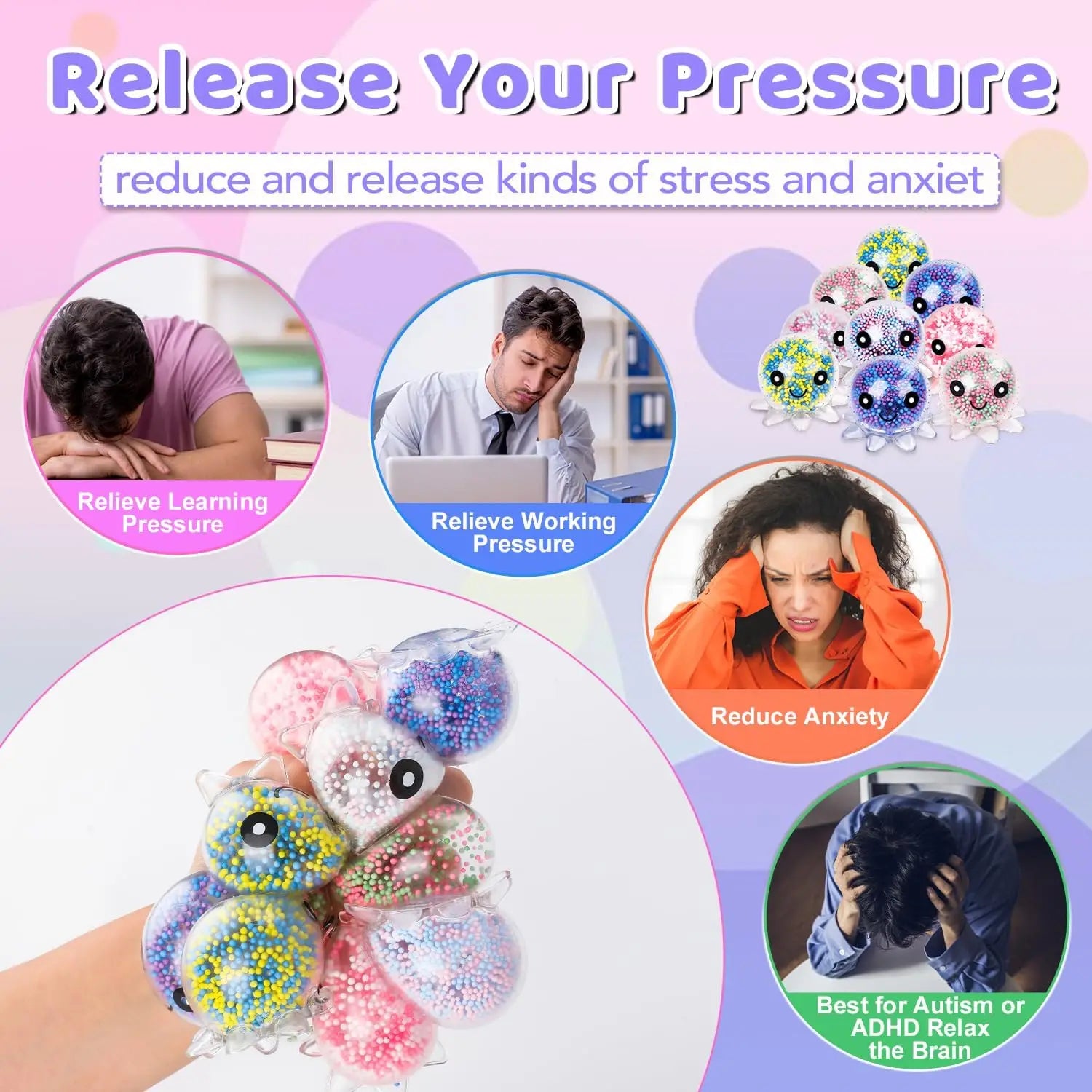 HUGSUR Octopus Bubble Pop Squish — 12-Pack Sensory Stress Balls for Adults & Kids